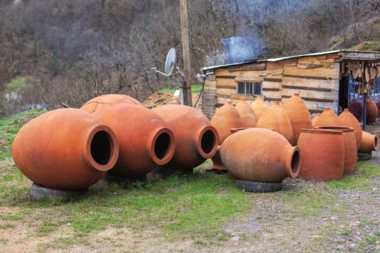 Georgian traditional jugs kvevri for wine, outdoor trade